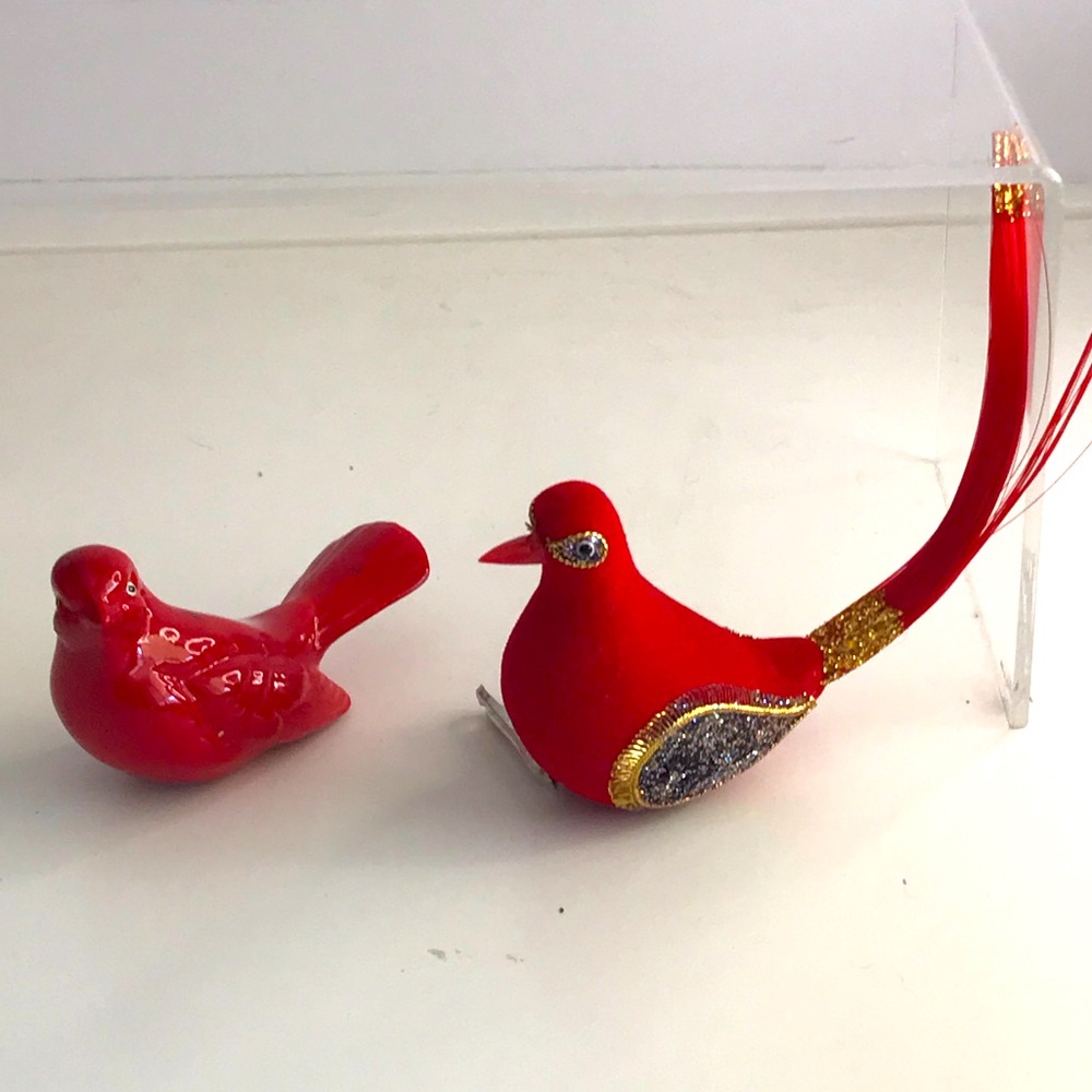 Ceramic Red Bird Figurine Japan & Clip on Bird Red/Glitter Flocked Ornament  VTG